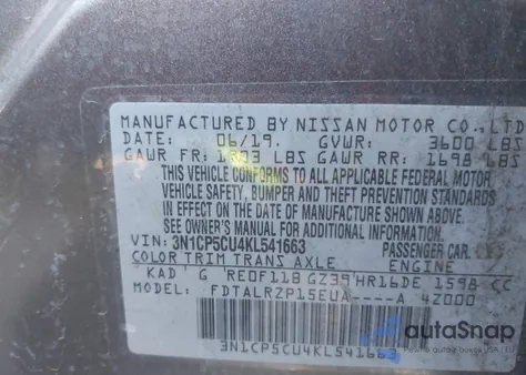 2019 Nissan Kicks S z USA, uszkodzony, nr VIN 3N1CP5CU4KL541663